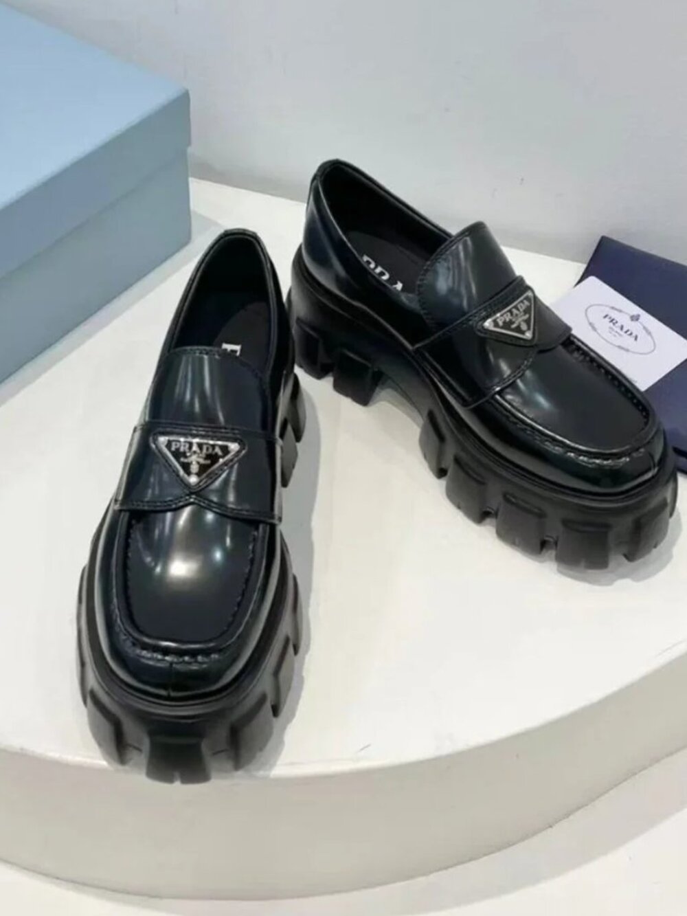 Prada Black Brushed Leather Triangle Logo Lug Sole Platform Loafers - Picture 3 of 8